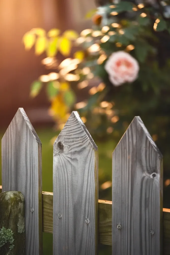 Cottage garden fence detail showing weathered cedar picket tops and grain