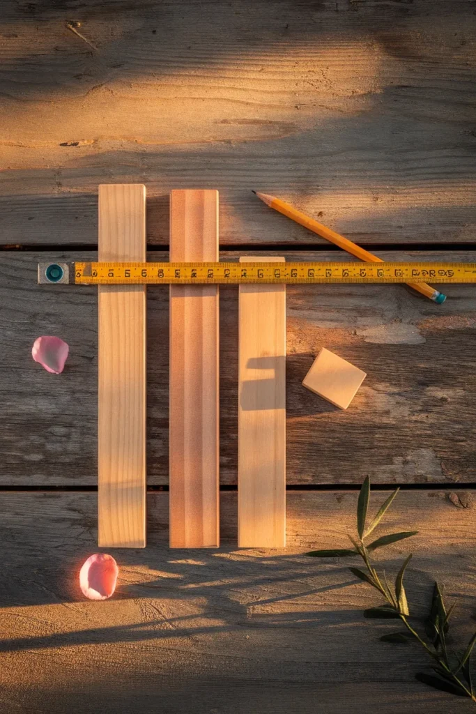 Cottage garden fence picket spacing compared with a tape measure and spacer block