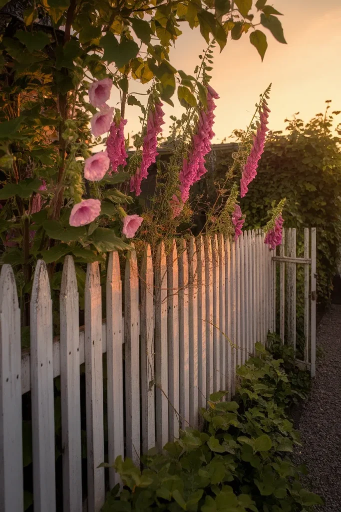 Cottage garden fence with white pickets and hollyhocks at golden hour