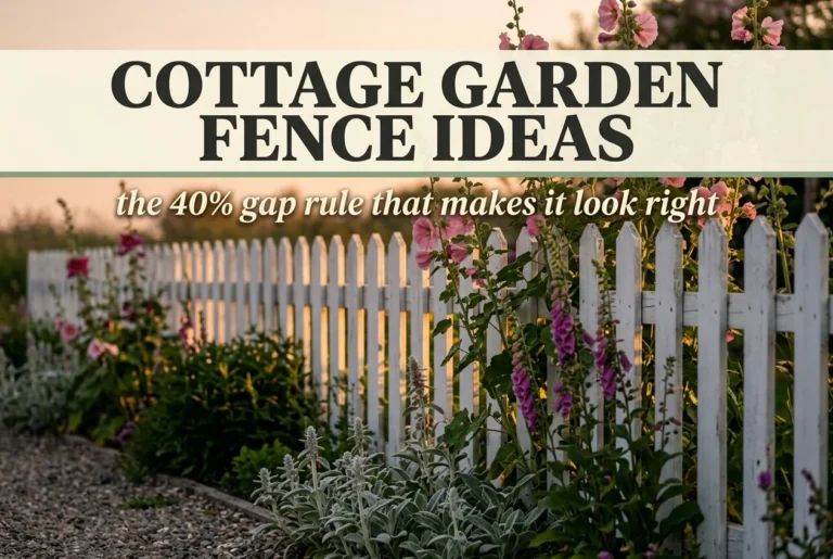 Cottage garden fence with white pickets and hollyhocks, pin graphic