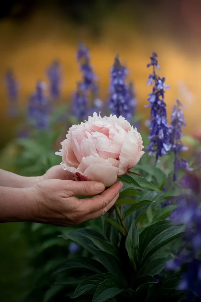 Cottage garden flowers close up, pale pink peony bloom held in a gardener's hands