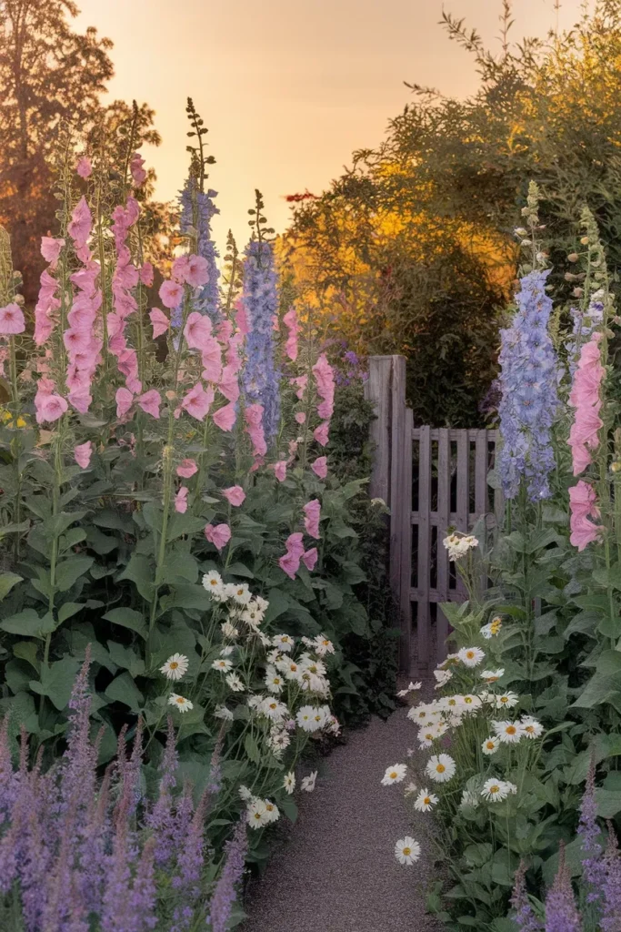 Cottage garden flowers in a dense summer border with hollyhocks, daisies and catmint