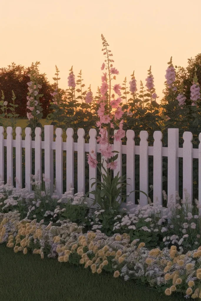 Cottage garden flowers layered by height along a white picket fence border