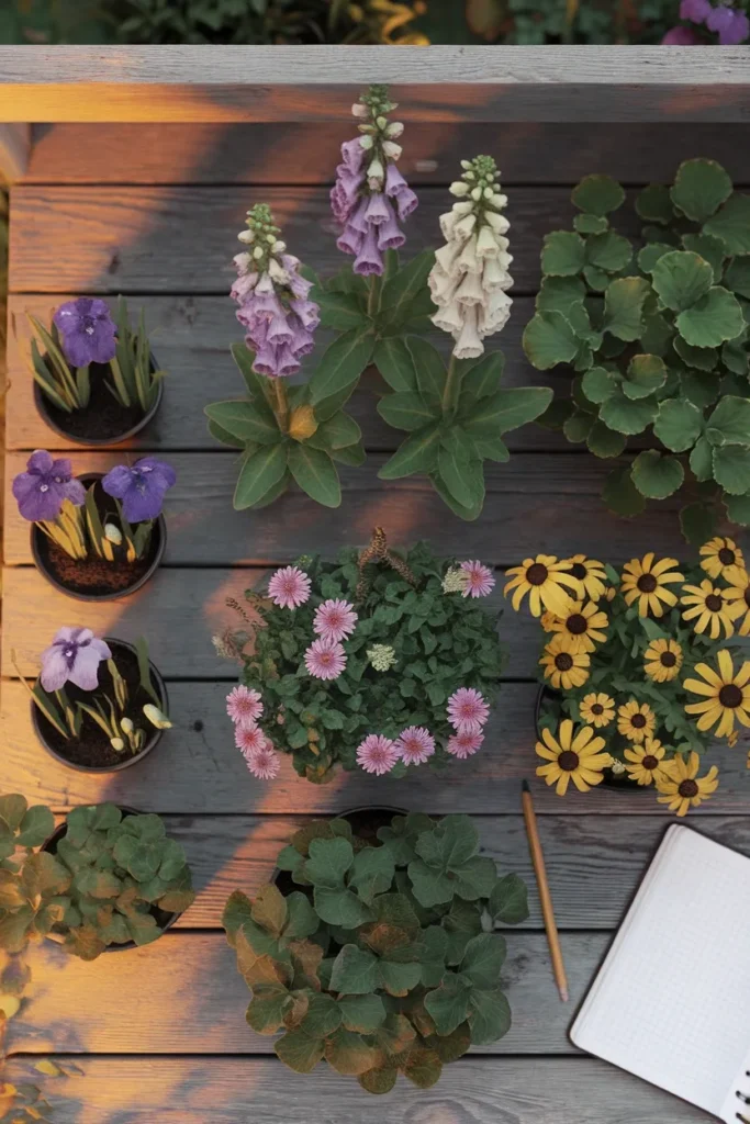 Cottage garden flowers sorted into three bloom waves, nursery starts laid out overhead