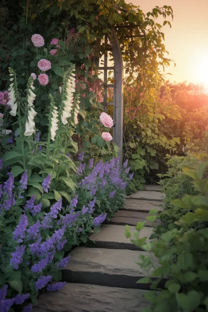 Cottage garden flowers spilling over a flagstone path with catmint, foxglove and roses