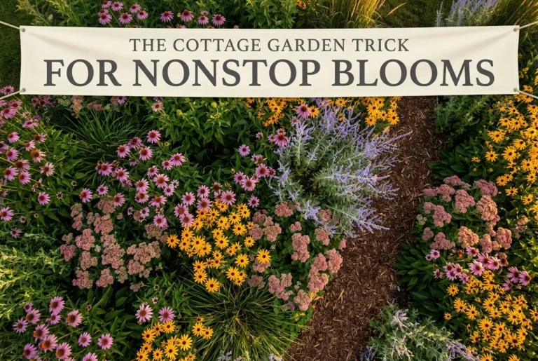 Cottage garden flowers that bloom all season, coneflower and sedum border seen overhead