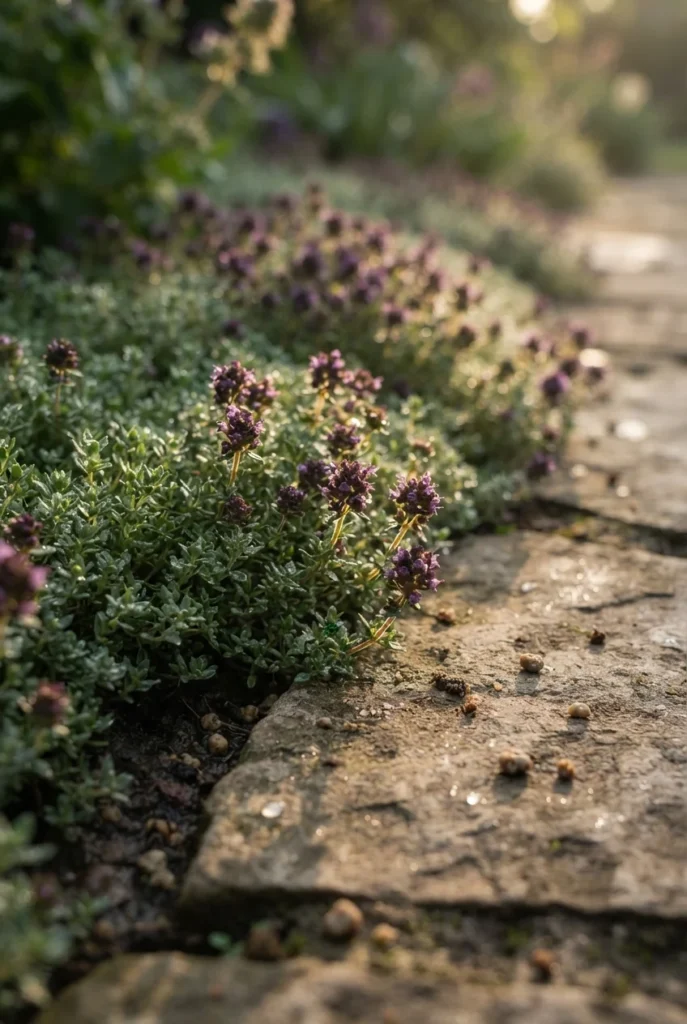 Cottage garden path edge softened by creeping thyme spilling over flagstone