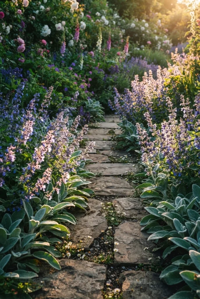 Cottage garden path edged with catmint, lamb's ear, and daisies growing between stones