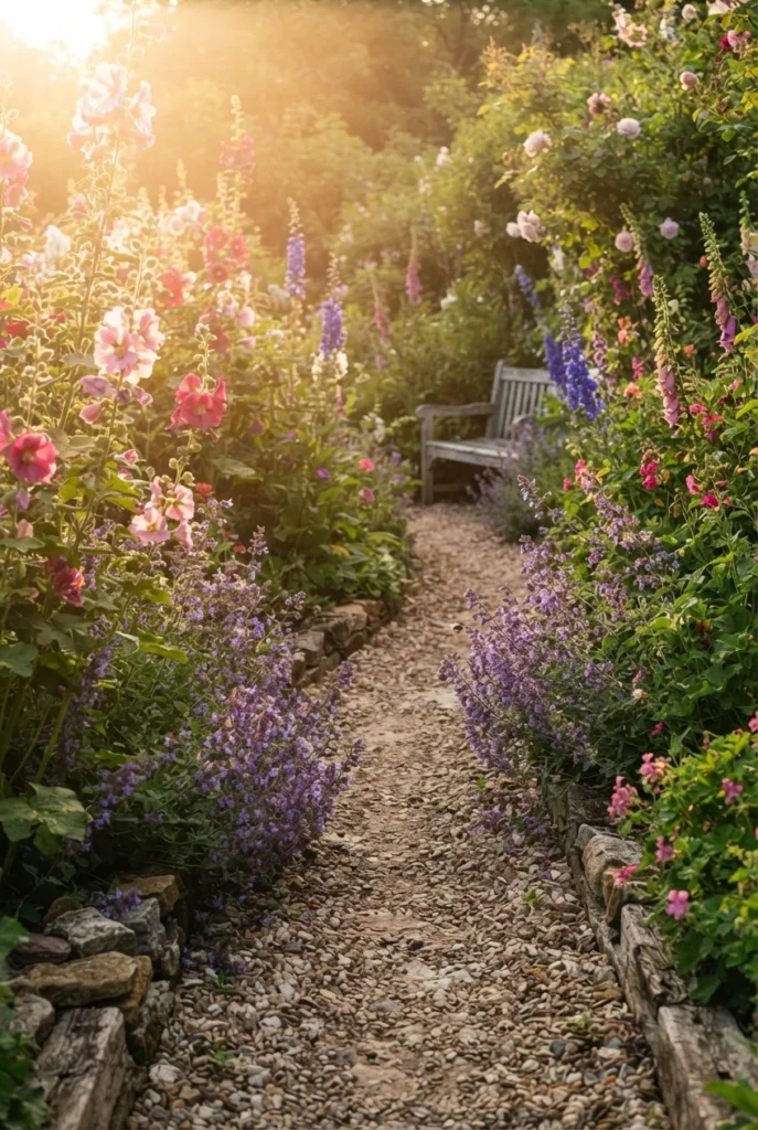Cottage garden path of pea gravel curving through hollyhocks and catmint at golden hour