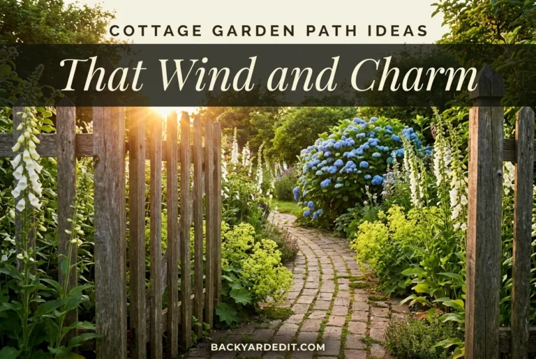 Cottage garden path of reclaimed brick curving past foxgloves and hydrangea at golden hour