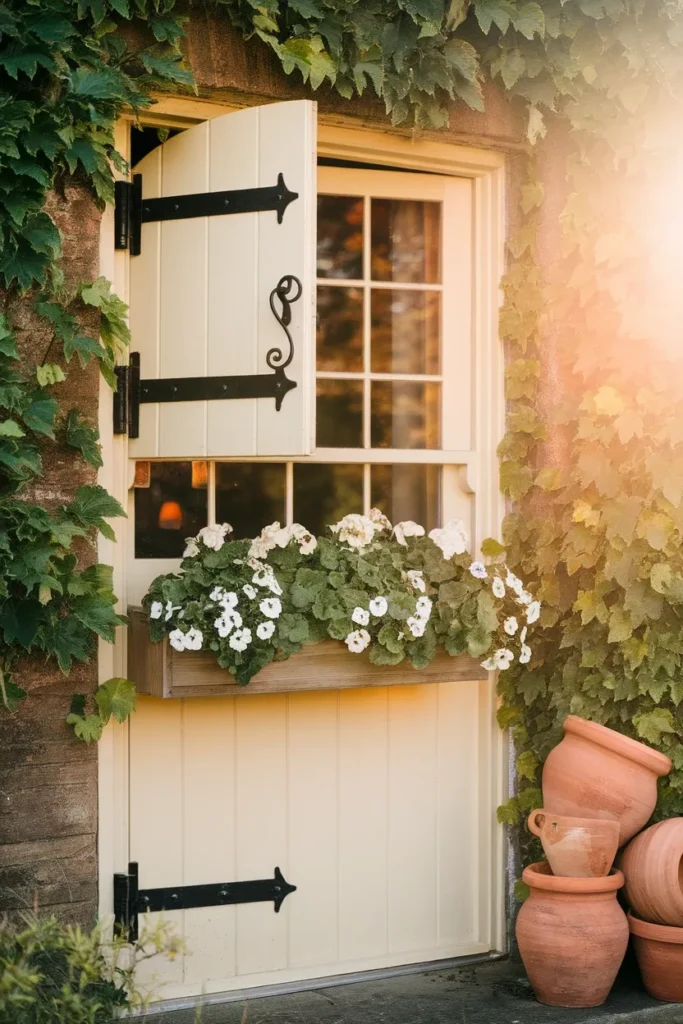 Cottage garden shed Dutch door with iron hinges and a planted cedar window box