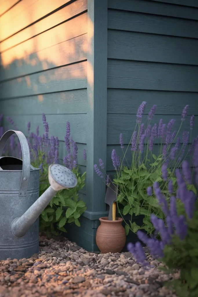 Cottage garden shed base planted with catmint and lavender softening the siding