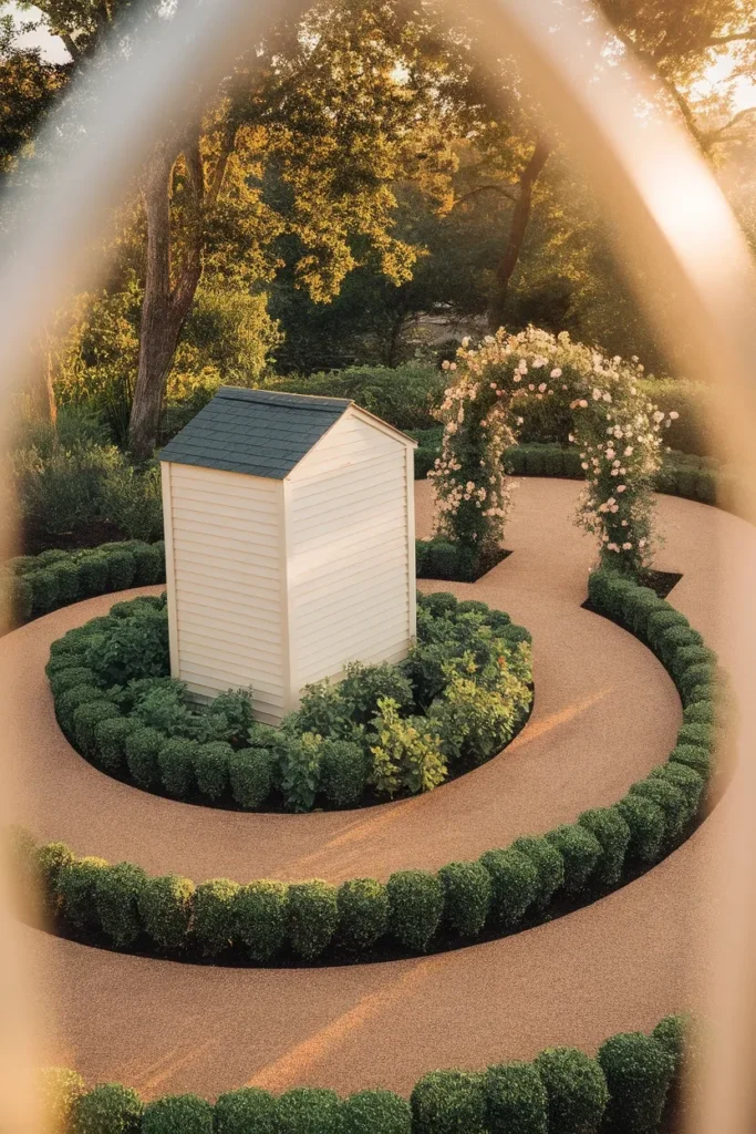 Cottage garden shed showing shell, base planting collar, and gravel approach path
