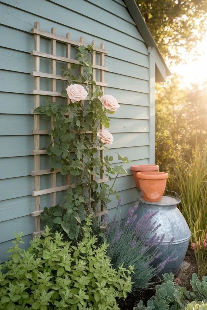 Cottage garden shed wall with climbing rose trellis, catmint, and clustered pots