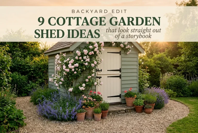 Cottage garden sheds pin with sage green shed, climbing roses, and gravel path