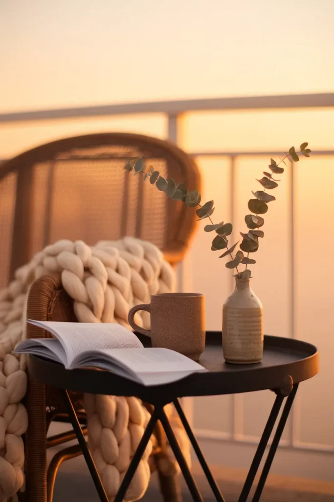 Cozy balcony ideas styling detail with mug, book, ceramic vase, and knit throw at golden hour