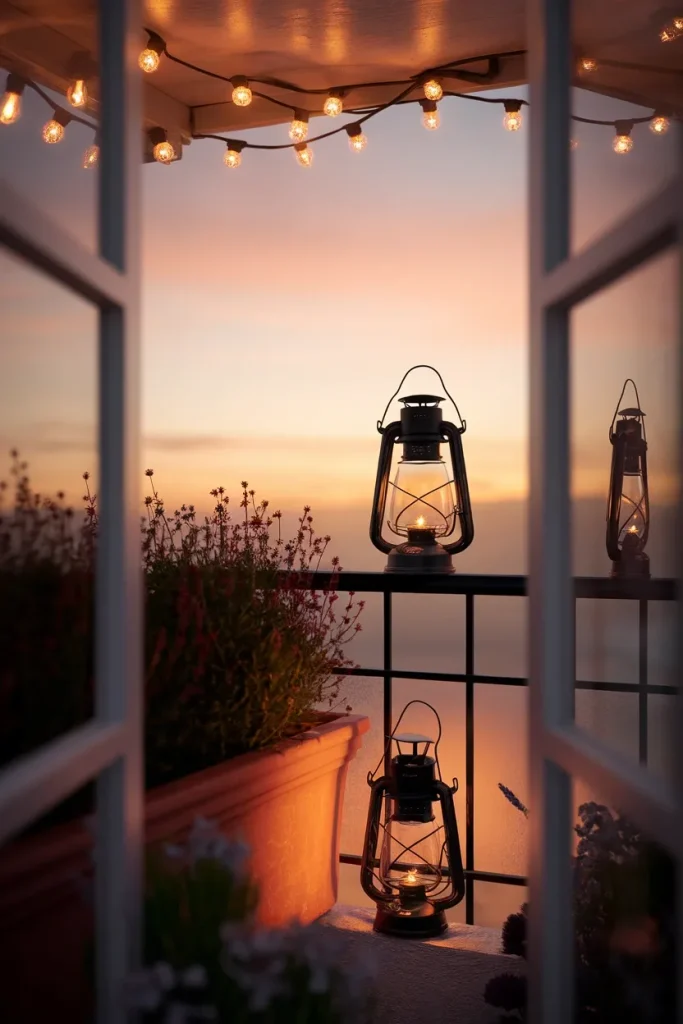 Cozy balcony ideas with layered string lights, railing lantern, and low solar light after dark