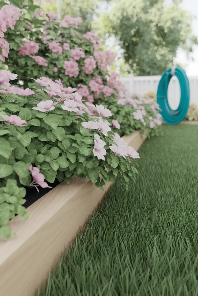 Crisp cedar planter box edge separating lawn from a raised flower bed garden