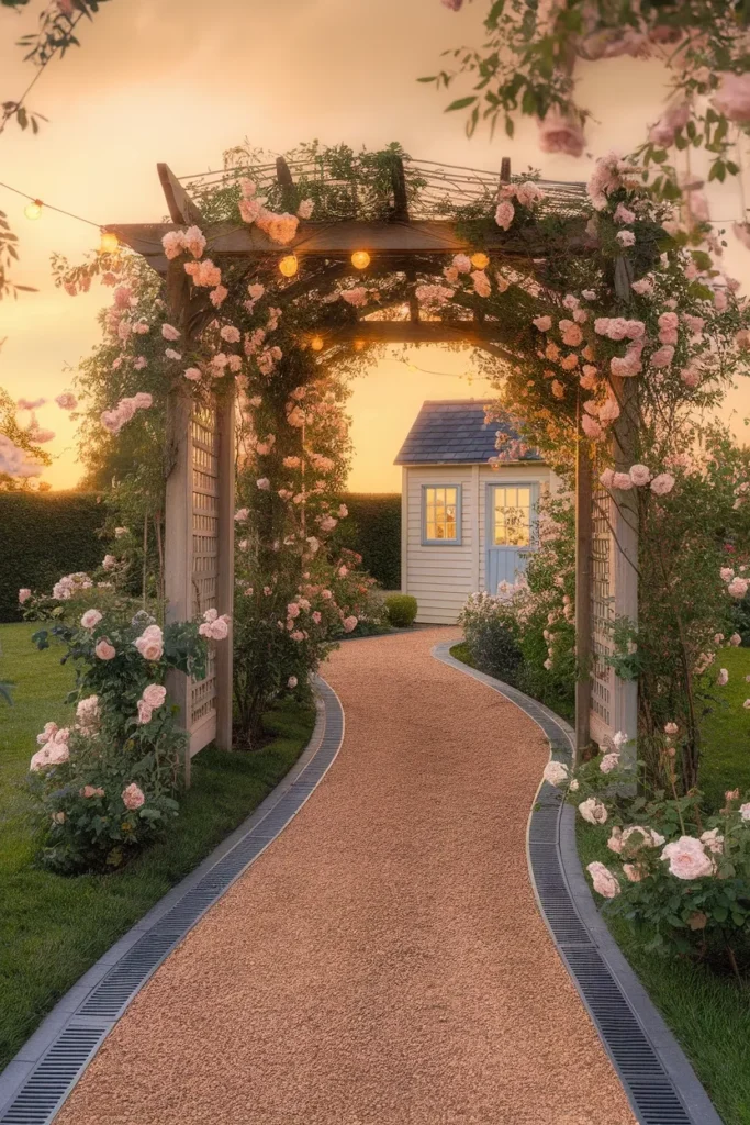 Curved gravel path and rose arbor leading to a lit cottage garden shed