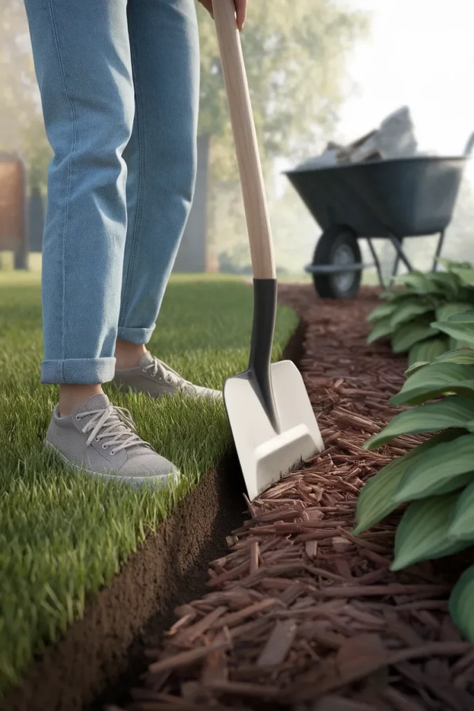Cutting a clean bed edge in a cheap backyard makeover with a flat spade