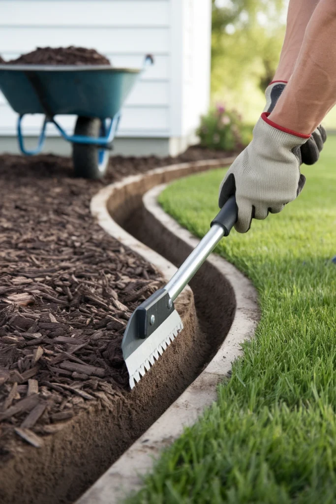 Cutting a trench edge for curb appeal front yard landscaping beds before mulching