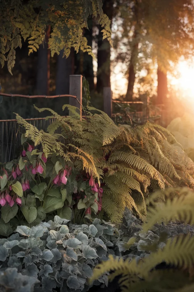 Deer resistant shade garden ideas using ferns, hellebore and brunnera