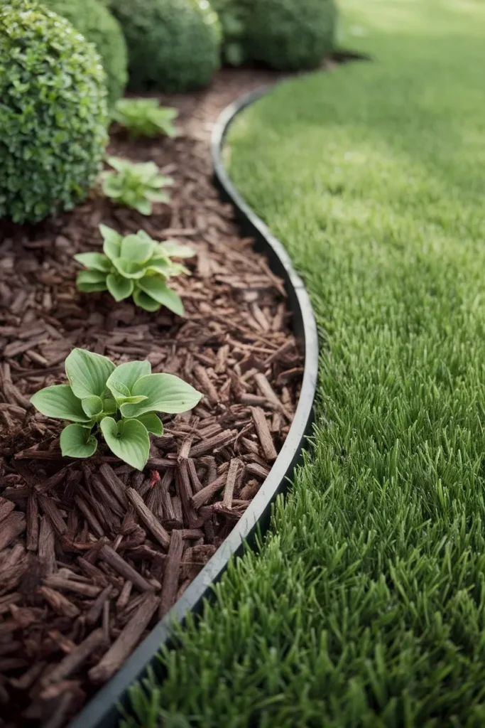 Easy landscaping front yard bed edge with a crisp trench between dark mulch and green lawn