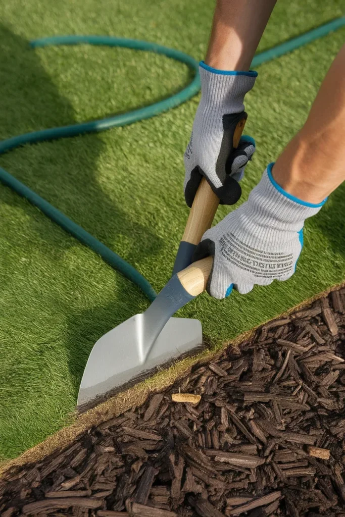 Easy landscaping front yard edge being cut with a flat spade along a hose laid curve