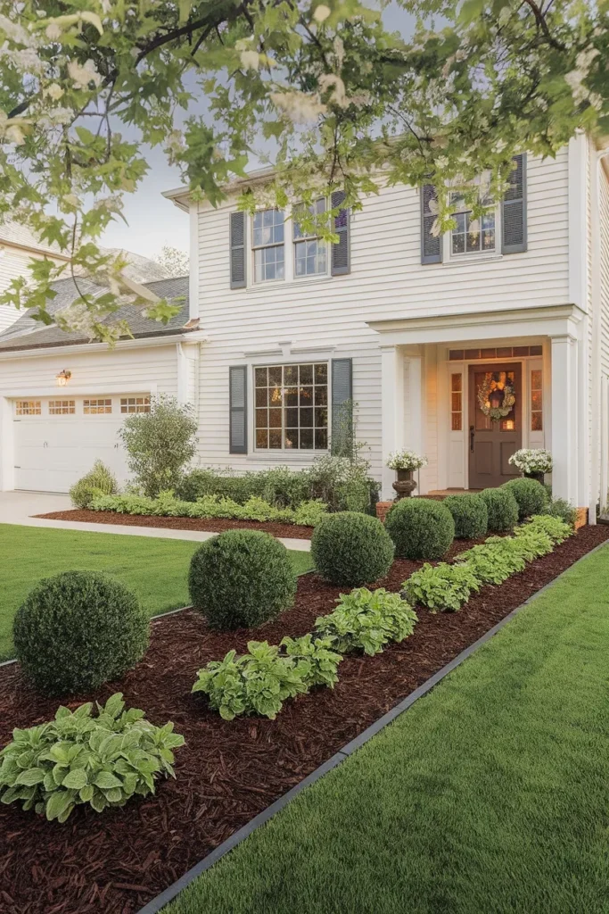 Easy landscaping front yard finished with deep mulch beds, grouped shrubs and a crisp lawn edge