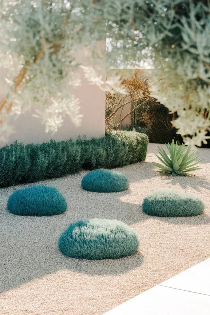 Easy landscaping front yard in a dry zone with gravel, blue fescue, rosemary and one agave
