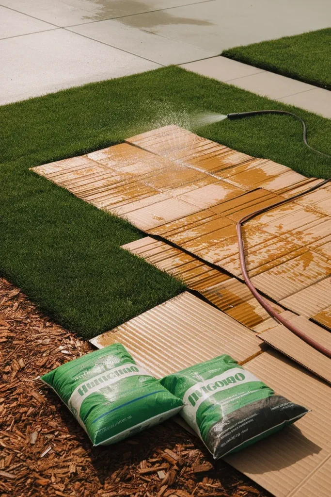 Easy landscaping front yard lawn conversion using overlapping wet cardboard sheets before mulch