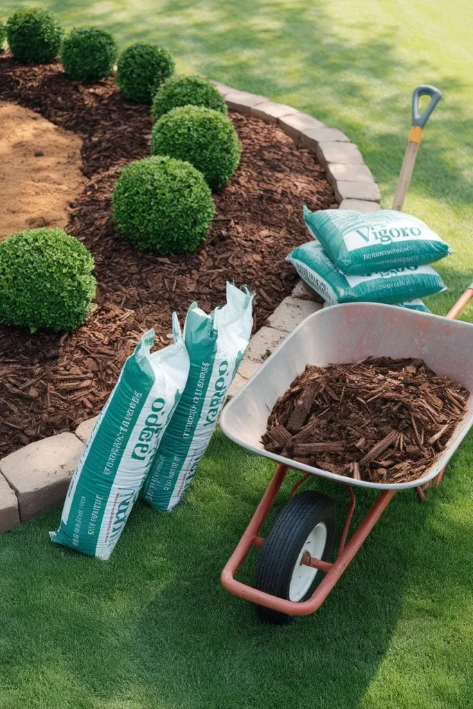 Easy landscaping front yard mulch refresh with a wheelbarrow and bagged mulch beside a half done bed