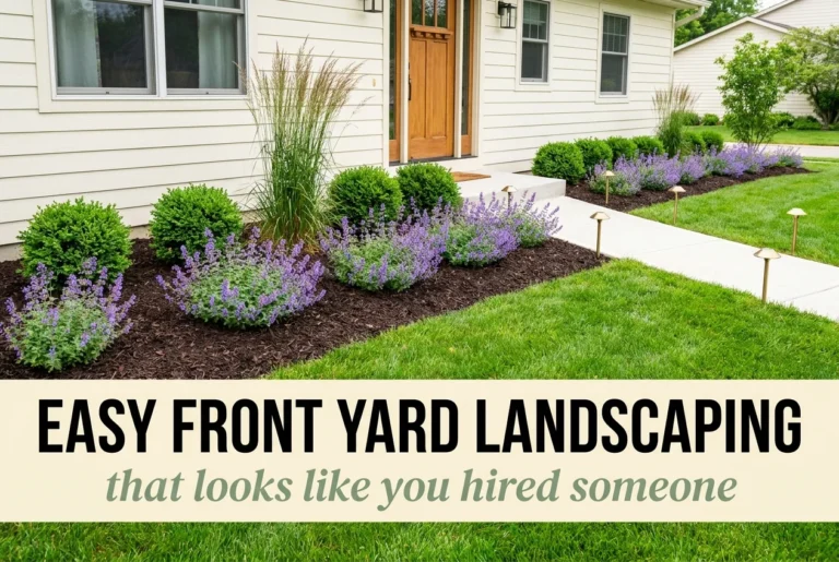 Easy landscaping front yard pin with grouped shrubs, path lighting and a cream text banner