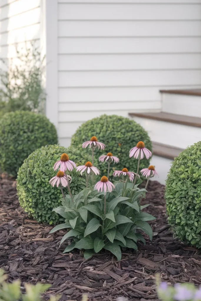 Easy landscaping front yard planting with five matching coneflowers grouped beside boxwoods