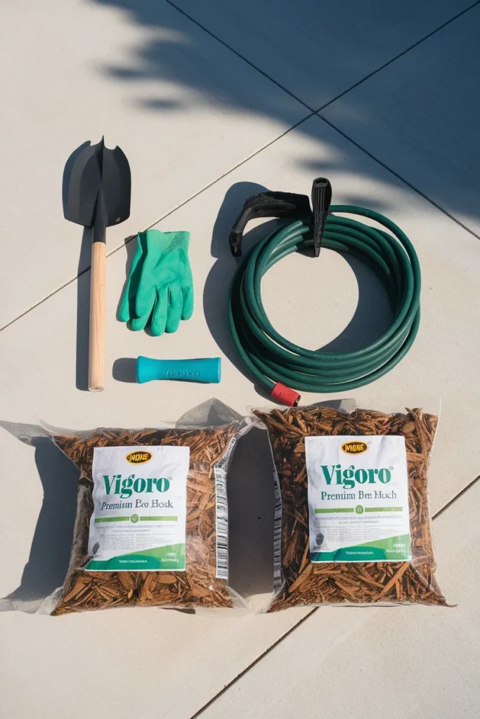 Easy landscaping front yard starter tools including a spade, mallet, edging coil and mulch bags