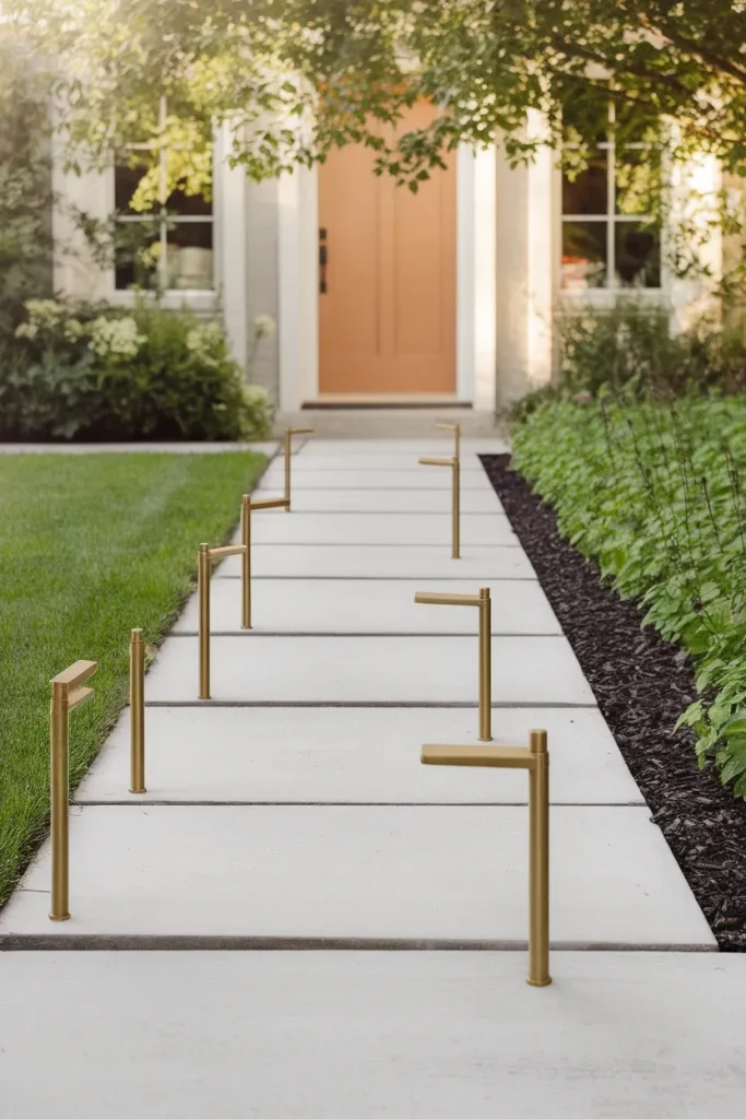 Easy landscaping front yard walkway lit by staggered brass solar path lights along a concrete path