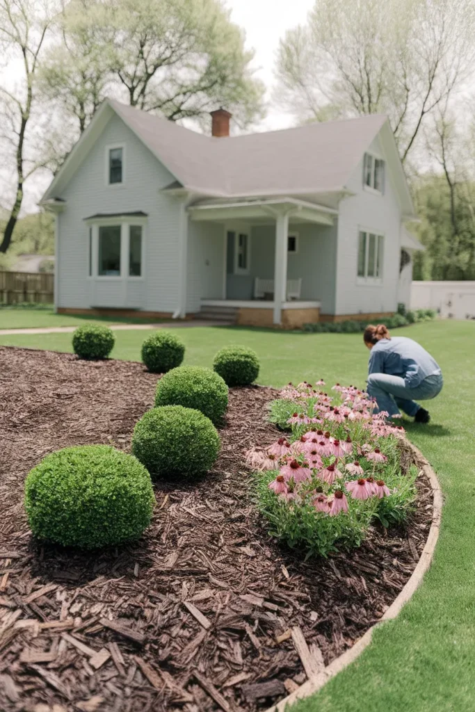 Easy landscaping front yard with a curved mulch bed, boxwoods and coneflower along a gray house