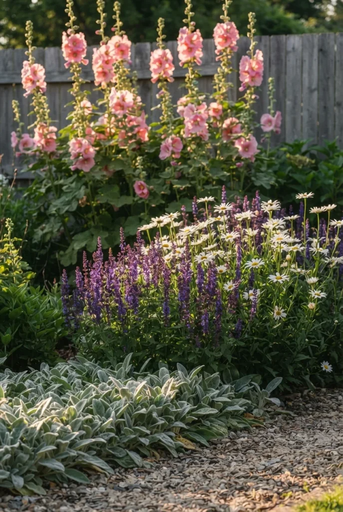 English cottage garden border layered with hollyhocks, salvia, daisies and lamb's ear