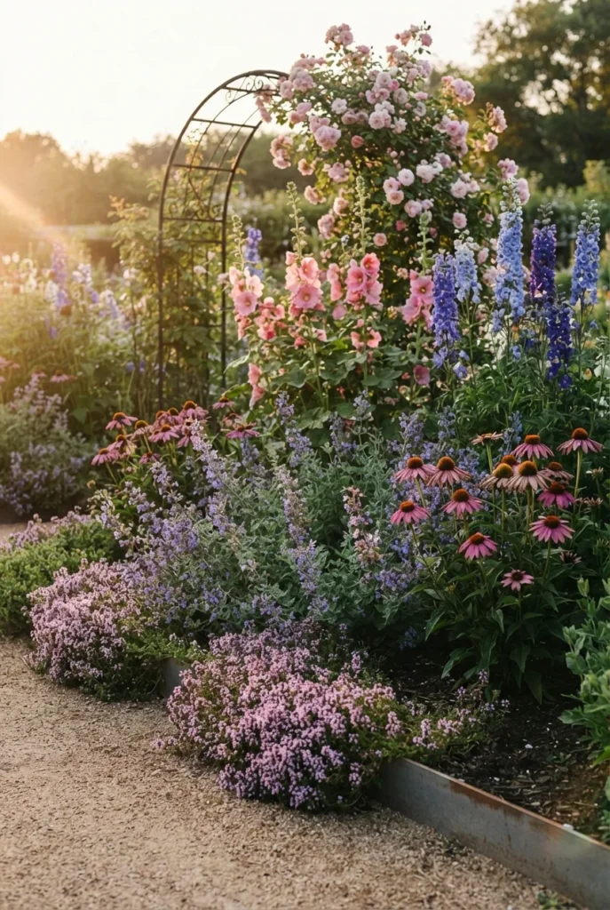 English cottage garden border showing four planting layers from arch to path edge