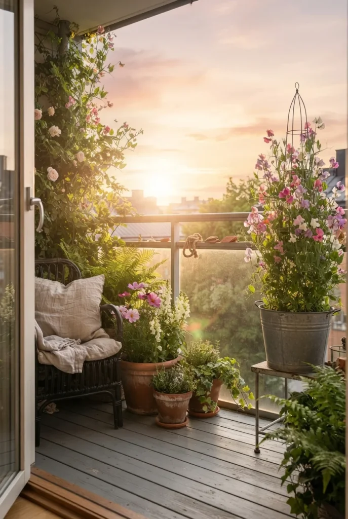 English cottage garden container planting on a small balcony with sweet peas