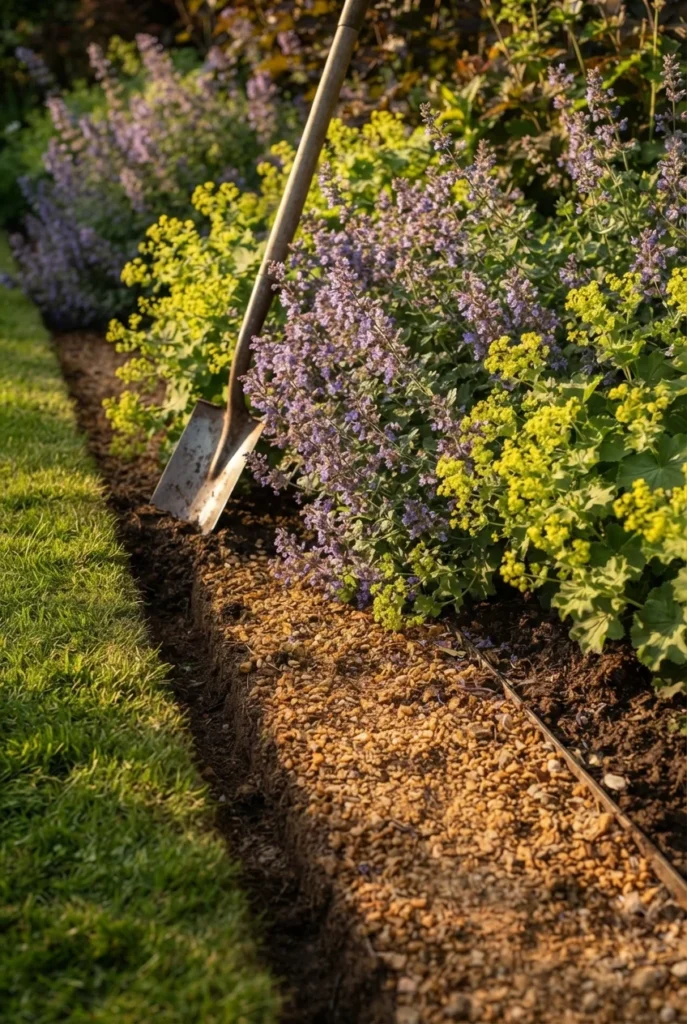 English cottage garden edging detail with catmint spilling over a gravel path