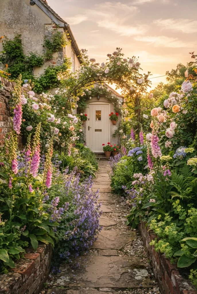 English cottage garden path lined with foxgloves, catmint and roses at golden hour