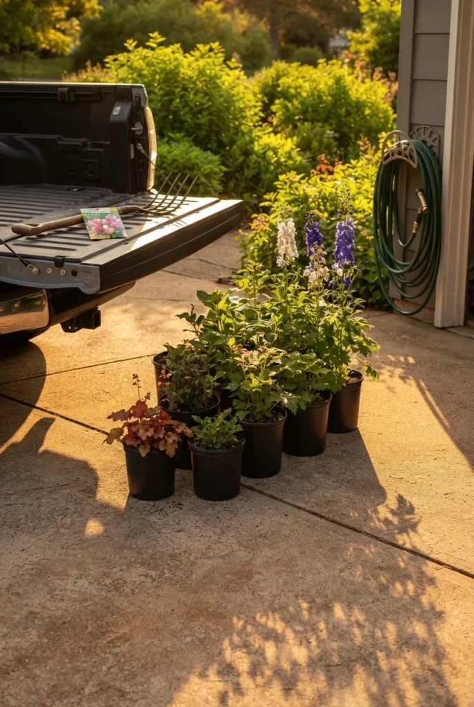English cottage garden plant haul of nine perennials staged before planting