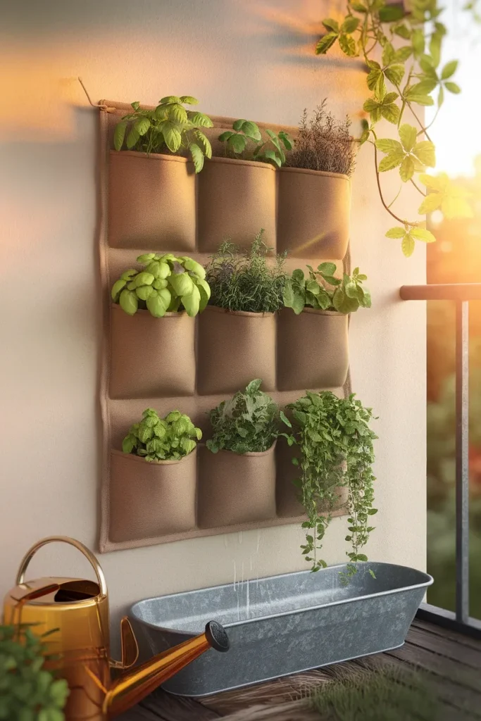 Fabric pocket wall planter with herbs and a drip trough, a practical balcony wall decor idea