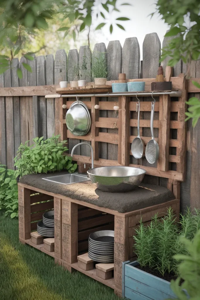 Fence-mounted mud kitchen in a small backyard play area for kids with pans and herbs