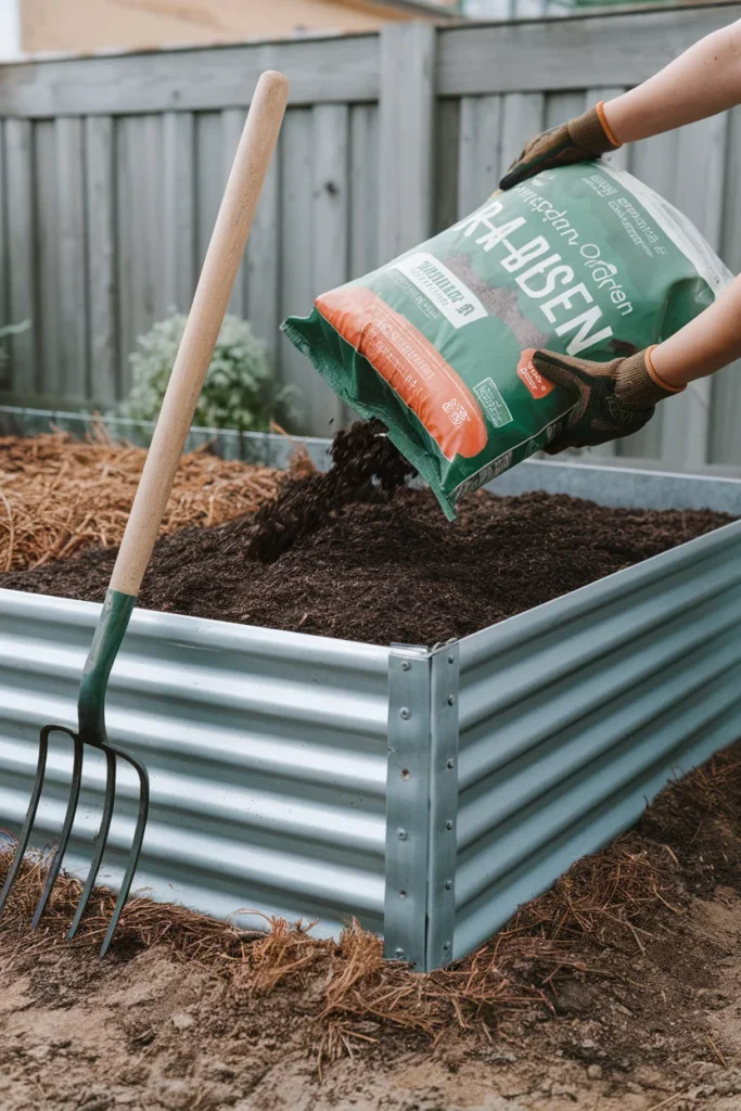 Filling a raised bed in a new build garden with layered branches, topsoil, and bed mix
