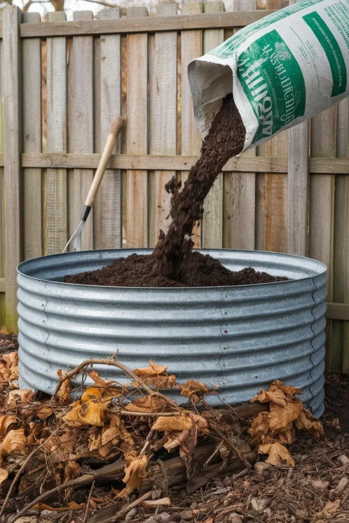 Filling a raised garden bed along fence with branches and soil to save cost
