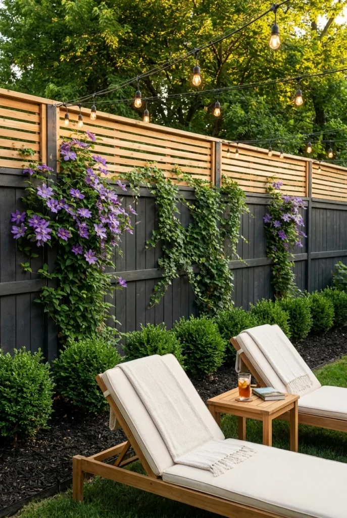 Finished backyard fence makeover with dark stain, vines, lights and lounge seating