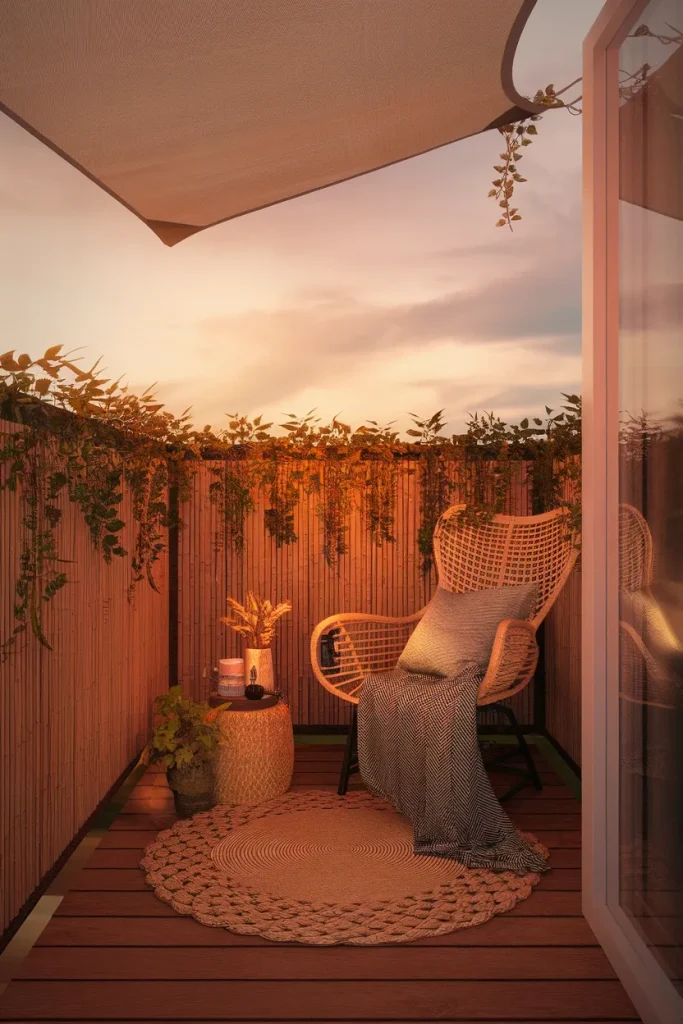 Finished balcony covering ideas with sail, bamboo screen and deck tiles in autumn light