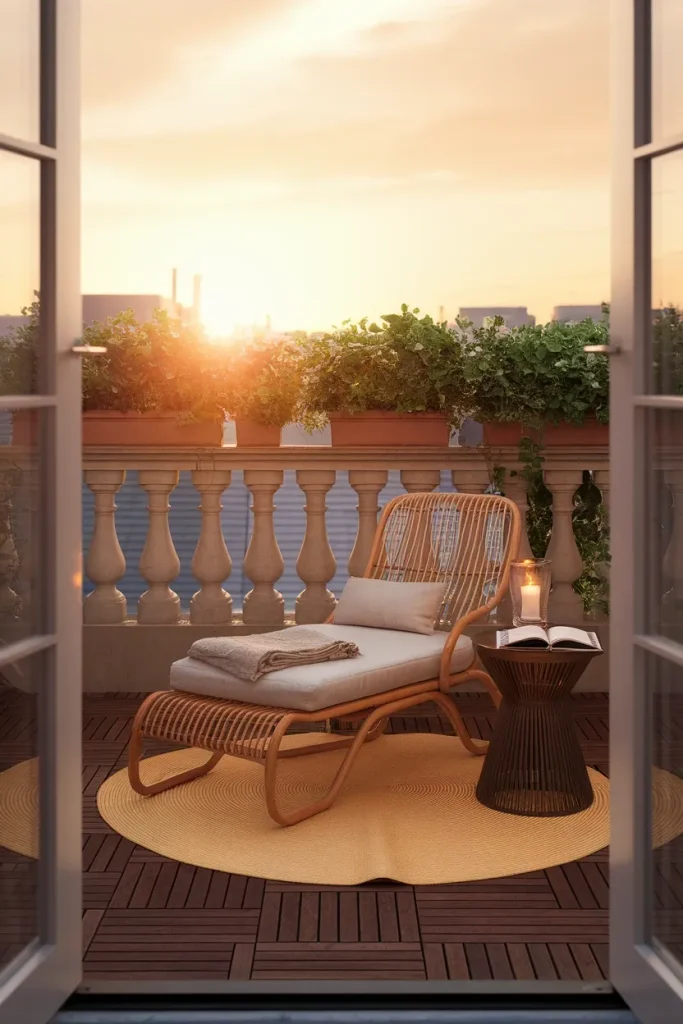 Finished balcony flooring with wood deck tiles and a layered rug at sunset